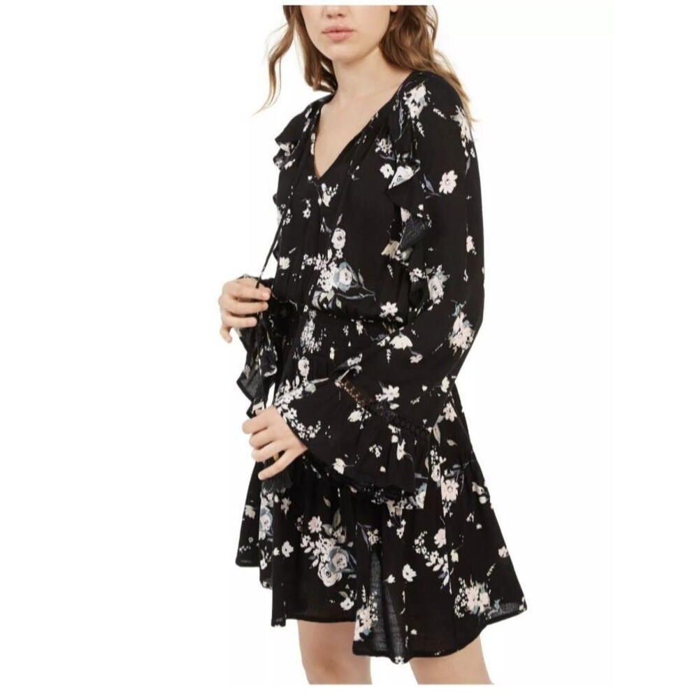 Womens Dress Size L American Rag Black Ruffled Floral-Print Peasant